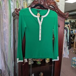 Talbots Green Long-Sleeve Top with White Accents